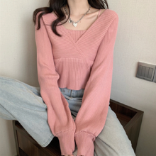 画像をギャラリービューアに読み込む, 5カラー選択無地気質Vネック長袖切り替え着痩せ効果カジュアルコーデしやすいニットトップス