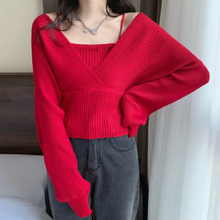 画像をギャラリービューアに読み込む, 5カラー選択無地気質Vネック長袖切り替え着痩せ効果カジュアルコーデしやすいニットトップス