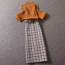 画像をギャラリービューアに読み込む, 2カラー無地ニットハイネックセンター&チェック柄ベルト付きスカートセットアップ