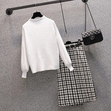 画像をギャラリービューアに読み込む, 2カラー無地ニットハイネックセンター&チェック柄ベルト付きスカートセットアップ