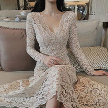 画像をギャラリービューアに読み込む, レースVネック透かし彫り袖デートワンピース二次会ドレス結婚式ドレス