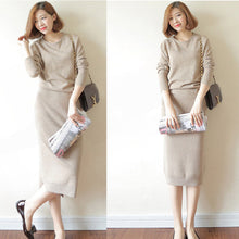 画像をギャラリービューアに読み込む, 3COLORSシンプル無地ラウンドネックニットトップス&スリットロングスカートセットアップ