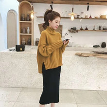 画像をギャラリービューアに読み込む, 3カラー選択ハイネック無地ニットセーター&Hライン黒ニットスカートセットアップ