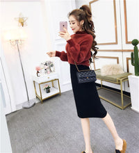 画像をギャラリービューアに読み込む, ハイネックふわふわニットセーター&黒ニットスカートセットアップ