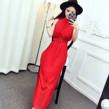 画像をギャラリービューアに読み込む, 優しい雰囲気シフォン無袖ファッション通勤気質無地ロングデートワンピース(ベルト付き)