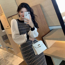 画像をギャラリービューアに読み込む, ニットチェック柄パフスリーブ切替ニットワンピースストレッチあり