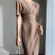 画像をギャラリービューアに読み込む, レデイースファッションストライプクルーネック無地半袖ハイウエストロングデートワンピース