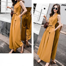 画像をギャラリービューアに読み込む, レデイースファッションVネック気質無袖無地ワイドレッグパンツハイウエスト着痩せ効果オールインワン·サロペットデートワンピース