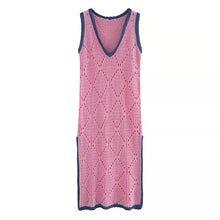画像をギャラリービューアに読み込む, 優しい気質ピンク透かし彫りVネック配色切り替えゆったりニットセーターカジュアルワンピース