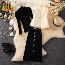 画像をギャラリービューアに読み込む, 三点セット3カラー暖かいファーベスト&無地合わせやすいトップス&ニットスカートセットアップ