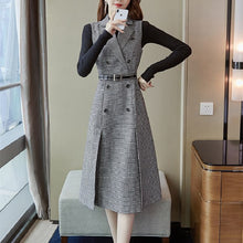 画像をギャラリービューアに読み込む, 秋冬新品ファッション千鳥格子ベストワンピース+ブラックニットトップスセットアップ