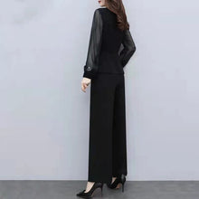 画像をギャラリービューアに読み込む, ブラック無地エレガント女性ファッションシフォントップス&無地ワイドレッグパンツセットアップ