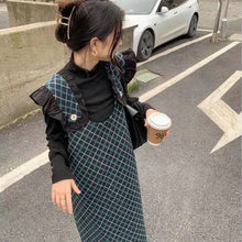 画像をギャラリービューアに読み込む, 黒トップス&フレア袖ベストワンピースチェック柄ワンピースセットアップ