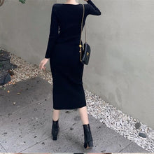 画像をギャラリービューアに読み込む, 2カラー選択無地気質Vネック長袖ファッションニットロングデートワンピース
