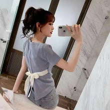 画像をギャラリービューアに読み込む, コーデしやすいクルーネックガウチョ蝶結び付き半袖スリット無地ニットセータートップス