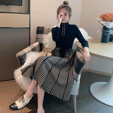画像をギャラリービューアに読み込む, ニットチェック柄切替ニットワンピースデートワンピースリボン