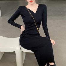 画像をギャラリービューアに読み込む, 2カラー選択無地気質Vネック長袖ファッションニットロングデートワンピース