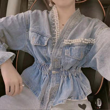 画像をギャラリービューアに読み込む, 重ね風レデイースファッションデザイン感パール付き合わせやすい不規則デニムアウター