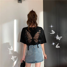 画像をギャラリービューアに読み込む, 後ろ蝶々プリント透かし彫り無地半袖Tシャツトップス