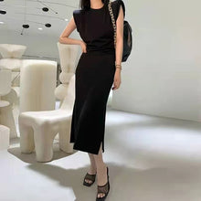 画像をギャラリービューアに読み込む, INS大流行ブラック無地レトロデザインスタイル肩パッド付きスリットロングデートワンピース