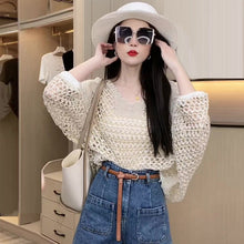 画像をギャラリービューアに読み込む, 透かし彫りリゾートパフスリーブ編むデザインコーデしやすいトップス