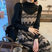 画像をギャラリービューアに読み込む, パフスリーブ黒カットソー&エスニック花柄キャミワンピースセットアップ