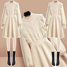 画像をギャラリービューアに読み込む, フリル裾レース切り替えデザインスタイル長袖コーデしやすいニットデートワンピース