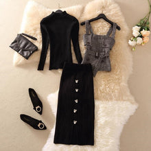 画像をギャラリービューアに読み込む, 美人度アップ三点セット無地ニットトップス&チェック柄ベスト&ハイウエストスカートセットアップ