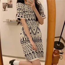 画像をギャラリービューアに読み込む, フランスエレガント女性ファッションレトロデザインクルーネック半袖ニットワンピース