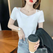 画像をギャラリービューアに読み込む, オフショルダーTシャツ 着痩せ効果半袖無地シャツ・ブラウス