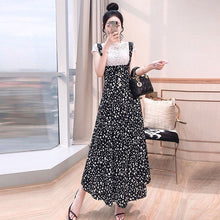 画像をギャラリービューアに読み込む, ホワイトレース透かし彫りブラウス&サスペンダーワンピーストッド柄シフォンワンピースセットアップ