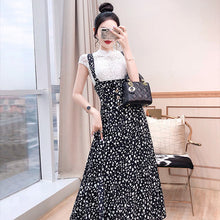 画像をギャラリービューアに読み込む, ホワイトレース透かし彫りブラウス&サスペンダーワンピーストッド柄シフォンワンピースセットアップ