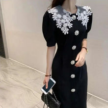 画像をギャラリービューアに読み込む, レース花柄ネック半袖パフスリーブデートワンピース通勤OLコーデ気質アップ