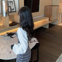 画像をギャラリービューアに読み込む, ニットチェック柄パフスリーブ切替ニットワンピースストレッチあり