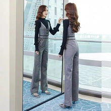 画像をギャラリービューアに読み込む, 黒ニットトップス&チェック柄ジャンプスーツワイドレッグオールインワンセットアップ(ストラップ調節可能)