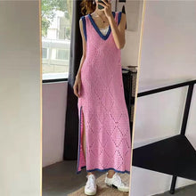 画像をギャラリービューアに読み込む, 優しい気質ピンク透かし彫りVネック配色切り替えゆったりニットセーターカジュアルワンピース