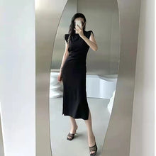 画像をギャラリービューアに読み込む, INS大流行ブラック無地レトロデザインスタイル肩パッド付きスリットロングデートワンピース