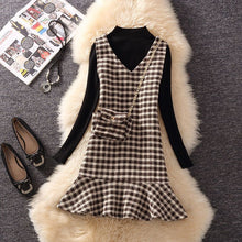 画像をギャラリービューアに読み込む, 着回しコーデ3点セットアップ黒ニットトップス&チェック柄ベストワンピース&チェン付きバッグセットアップ(バッグ付き)