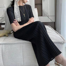 画像をギャラリービューアに読み込む, レデイースファッションストライプクルーネック無地半袖ハイウエストロングデートワンピース