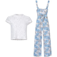 画像をギャラリービューアに読み込む, 白レースフレンチ袖トップス&花柄オールインワンセットアップ