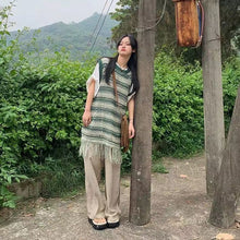 画像をギャラリービューアに読み込む, ニットタッセル配色切替ノースリーブベストワンピース