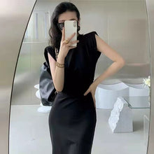 画像をギャラリービューアに読み込む, INS大流行ブラック無地レトロデザインスタイル肩パッド付きスリットロングデートワンピース