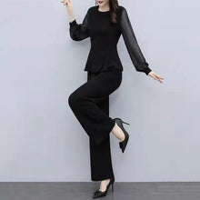 画像をギャラリービューアに読み込む, ブラック無地エレガント女性ファッションシフォントップス&無地ワイドレッグパンツセットアップ