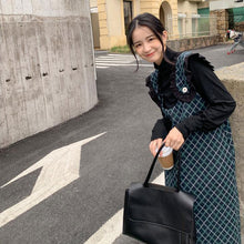 画像をギャラリービューアに読み込む, 黒トップス&フレア袖ベストワンピースチェック柄ワンピースセットアップ