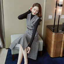 画像をギャラリービューアに読み込む, 秋冬新品ファッション千鳥格子ベストワンピース+ブラックニットトップスセットアップ