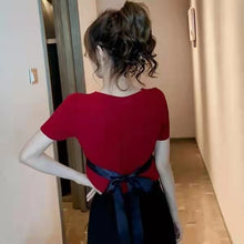 画像をギャラリービューアに読み込む, コーデしやすいクルーネックガウチョ蝶結び付き半袖スリット無地ニットセータートップス