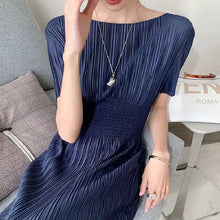 画像をギャラリービューアに読み込む, レデイースファッションストライプクルーネック無地半袖ハイウエストロングデートワンピース