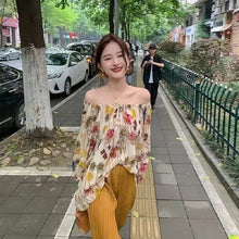 画像をギャラリービューアに読み込む, 花柄オフショルダーシャツ・ブラウストップス&無地高級感ワイドレッグパンツセットアップ