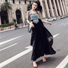 画像をギャラリービューアに読み込む, デニム切り替え大振り子マキシワンピースサスペンダーワンピース(調節可)