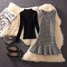 画像をギャラリービューアに読み込む, 着回しコーデ3点セットアップ黒ニットトップス&チェック柄ベストワンピース&チェン付きバッグセットアップ(バッグ付き)